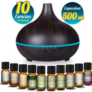 difusor aceite aromas esencial aromaterapia con 10 esencias de REGALO, 7 colores LED, humificador de aceite esencial